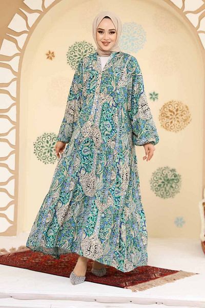 Neva Style Floral Patterned Green Hijab Dress 23454Y