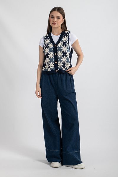 Hatun Atila Hatunatila Women's Floral Patterned Acrylic Drainage Vest Navy Blue - 5154