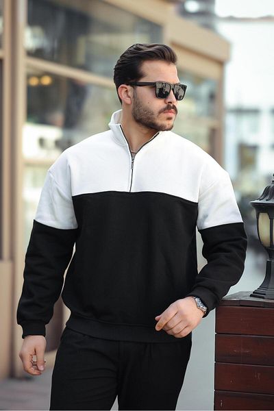 Miron White Black Two Color Zippered Three Thread Oversize Sweatshirt -2457
