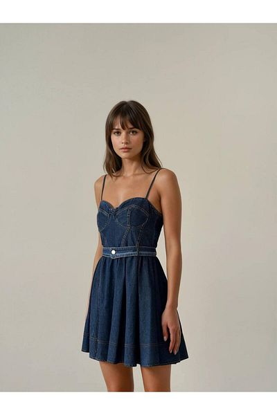 BETULAKSUBUTİK Denim Dress with Straps and Belt Detail