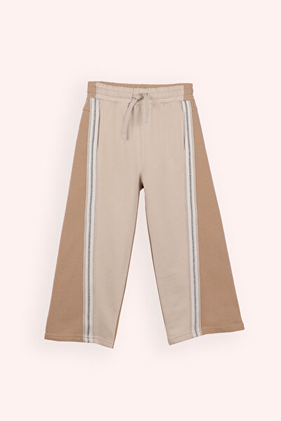 Panço Kız Çocuk Beli Lastikli Çizgili Simli Bant Detaylı Bol Paça Bej Eşofman Altı