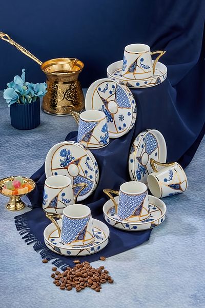 Cooker Luxury Gilded Motif 6-Piece Coffee Cup Set – Gold Detailed, Porcelain, Special Design 90ml