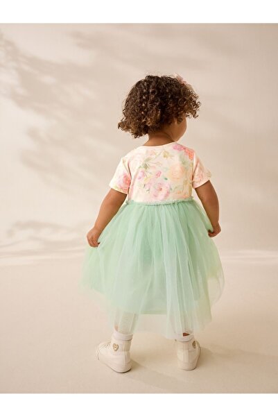 Next Baby Cotton Sage Green Floral Short Sleeve Tulle Dress
