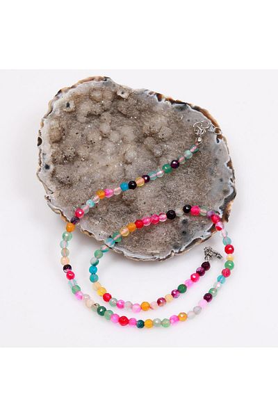 Taş Sandığı Multi Color Agate Stone Necklace - 4 mm Facet Cut with Steel Apparatus
