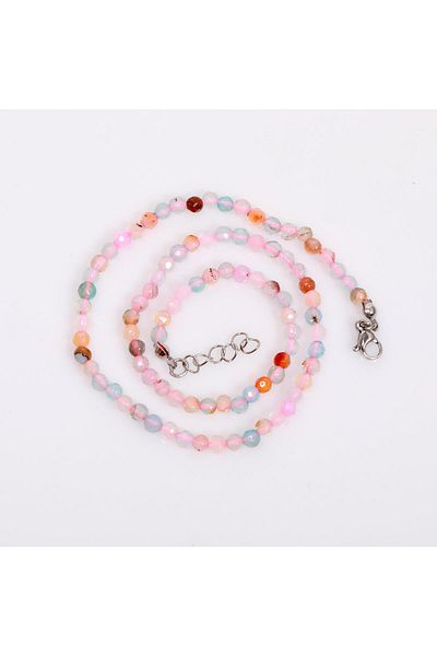 Taş Sandığı Blue Pink Agate Stone Strand Necklace - with Steel Apparatus - 4 mm Facet Cut