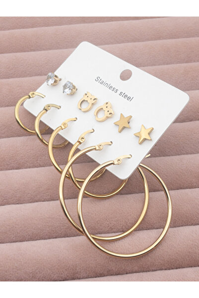 Siya Silver Kararmaz Çelik Pırlanta Yıldız Baykuş Halka Detaylı 6 Çift Kadın Küpe Seti