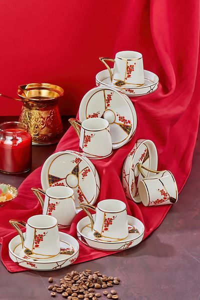 Cooker Luxury Gilded Motif 6-Piece Coffee Cup Set – Gold Detailed, Porcelain, Special Design 90ml