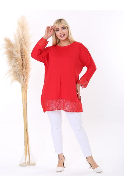 MODA Women's Large Size Skirt and Sleeve Lace Detail Flexible Viscose Tunic