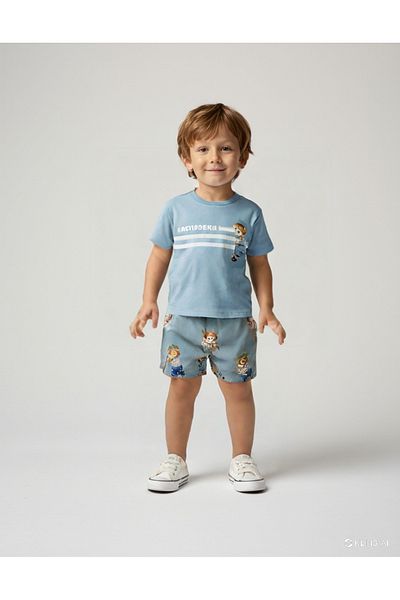 damdamin 100% Cotton "Good Bear" Text and Teddy Bear Printed Tshirt&Shorts Set