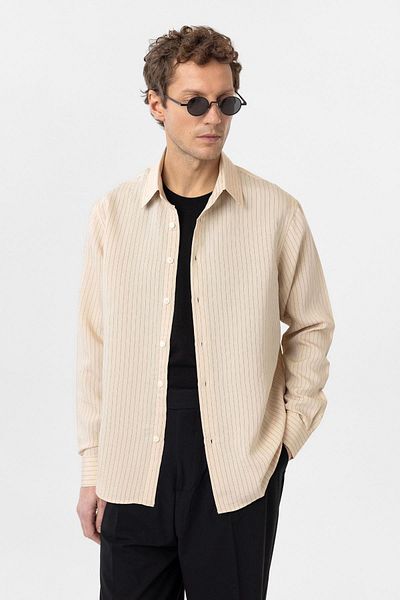 Antioch Beige Modal Fabric Relax Fit Striped Men's Shirt