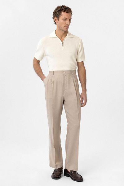 Antioch Beige Linen Blended Men's Baggy Trousers