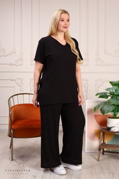 tarzımsüper Large Size Side Slit Comfort Model Comfortable 2-Piece Tunic with Trousers Stylish 2-Piece Bottom-Top Set