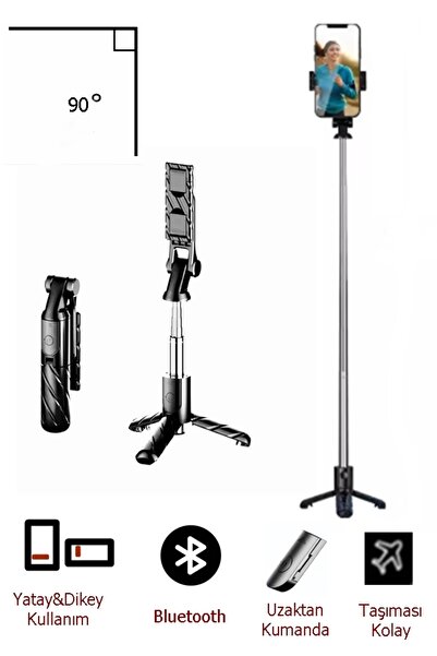 gaman K03 Siyah Kablosuz Kumandalı Telefon Selfie Çubuğu Monopod Ayaklı Tripod Bluetooth Dikey veya Yatay