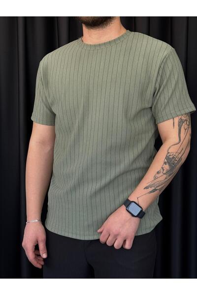 Altamira Men's Green Stripe Detailed Crew Neck Crepe T-Shirt