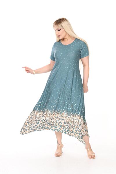 mami butik Plus Size Asymmetrical Skirt Short Sleeve Viscose Combed Cotton Dress