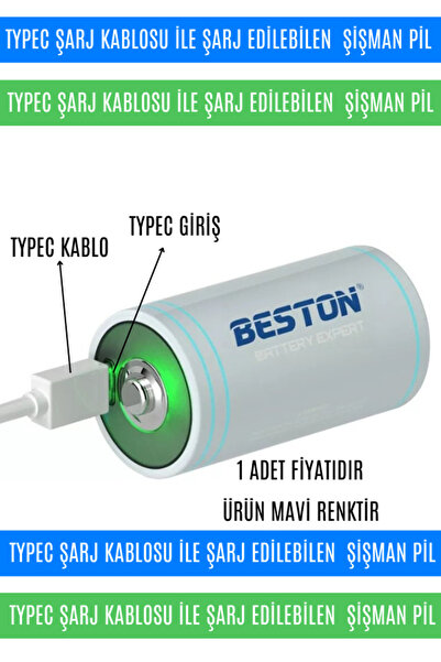 Maybax Type-C Kablo Veya Şarj Cihazı ile Şarj Edilebilir Lityum D Tipi Pil 1....