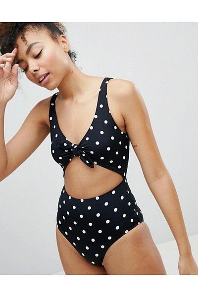 DEEP BEACH Black and White Polka Dot Open Front Bow Covered Swimsuit Db20097m