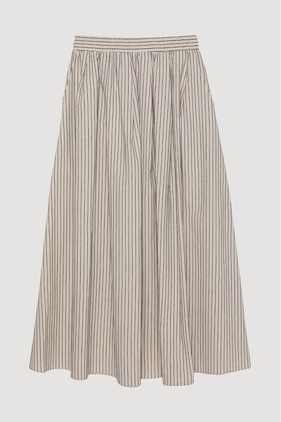 Quzu Beige Striped Midi Skirt with Pockets