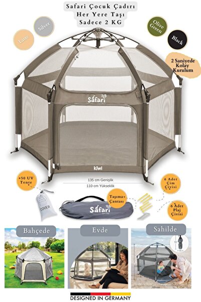 Kiwi Safari Çocuk-Bebek Oyun Parkı Çadırı +50 UV Korumalı,Kolay Kurulum,Alüminyum Sağlam Gövde - Latte