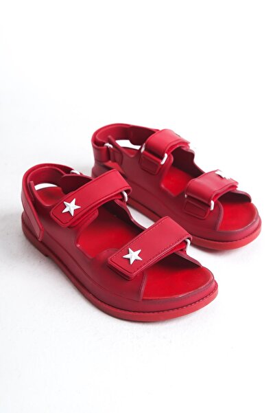 CZ London Kadın Çift Bantlı Sandalet Düz Taban Yıldız Detaylı Arkası Cırtlı Tam Kalıp Günlük Sandalet