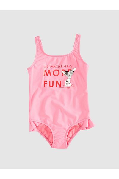 DEEP BEACH Sequin Fish Embroidered Girl's Neon Pink Swimsuit Db 200530 εκατοστά