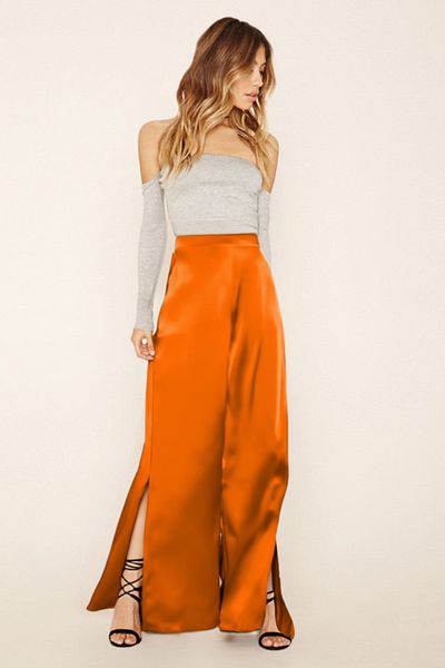 FASHION COCKTAIL Γυναικείο παντελόνι σατέν γενικής χρήσης με φαρδύ φαρδύ πλαϊνό σκίσιμο και ελαστική μέση