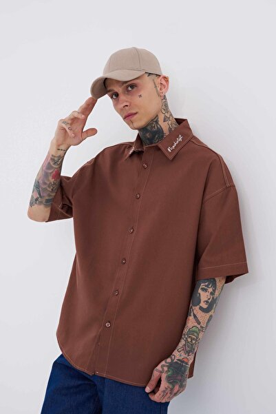 Machinist Ανδρικό πουκάμισο με κέντημα με κρόσσια oversized Plum