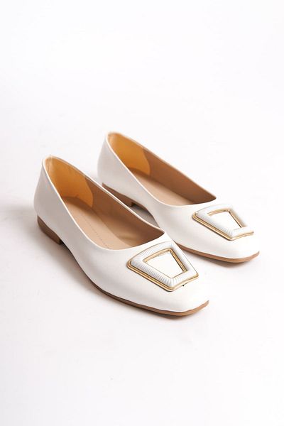 Zerenyus Kayla Laceless Orthopedic Comfortable Sole Buckle Detailed Women's Ballerinas - White