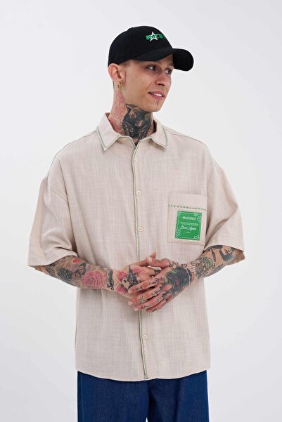Machinist Ανδρικό πουκάμισο με κέντημα ζιγκ-ζαγκ oversized μπεζ