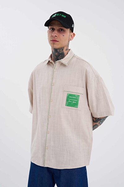 Machinist Ανδρικό πουκάμισο με κέντημα ζιγκ-ζαγκ oversized μπεζ