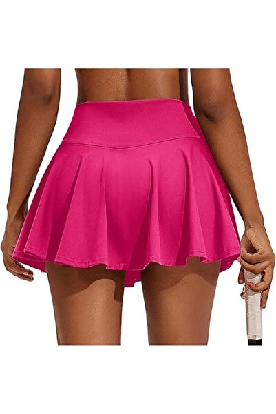 LADY HAZAL Pembe Yüksek Bel Tenis Etek - Darkalıp Şort Etek - Cepli Mini Spor Etek-double Layer Tennis Skirt
