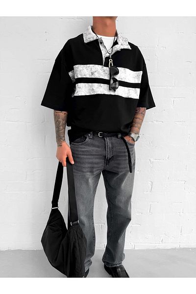 ablukaonline Ανδρικό μπλουζάκι Polo Neck Washed Stripe Oversize Μαύρο
