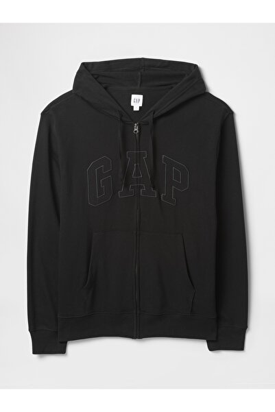 GAP Erkek Siyah Logo Fermuarlı Fransız Havlu Kumaş Sweatshirt
