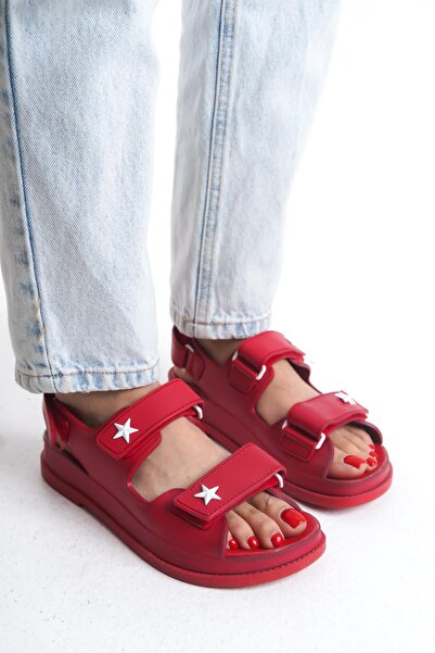 CZ London Kadın Çift Bantlı Sandalet Düz Taban Yıldız Detaylı Arkası Cırtlı Tam Kalıp Günlük Sandalet