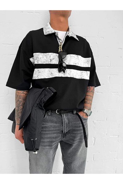 ablukaonline Ανδρικό μπλουζάκι Polo Neck Washed Stripe Oversize Μαύρο
