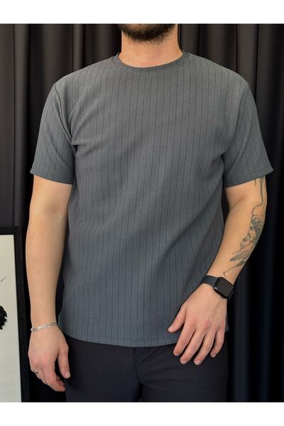 Altamira Men's Smoked Line Detailed Crew Neck Crepe T-Shirt