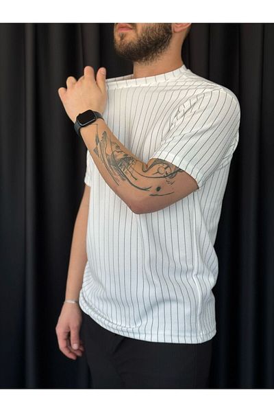 Altamira Men's White Stripe Detailed Crew Neck Crepe T-Shirt