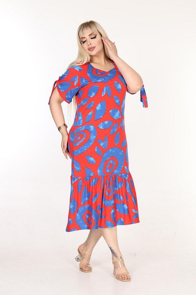 mami butik Plus Size Above Knee Square Neck Tie Detailed Short Sleeve Viscose Combed Cotton Stylish Design Comfortable Dress