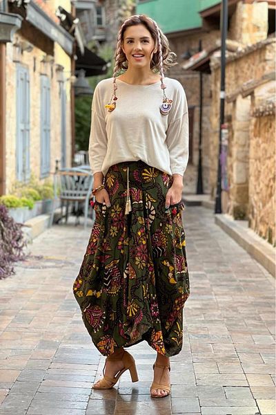 Nevin Kaya Moda Khaki Ethnic Patterned Shalwar Skirt