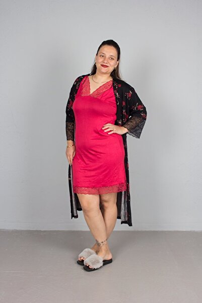 Truva XXL Large Size Sabal Flower Patterned Nightgown Red