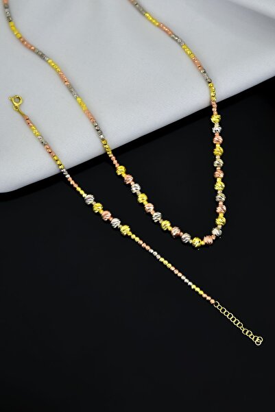 Papatya Silver 925 Ayar Gümüş Üç Renkli Iki Boy Dorika Toplu Kolye Ve Bilekli...