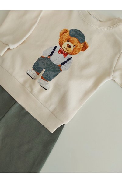 damdamin 100% Cotton Teddy Bear Printed Long Sleeve Baby Boy Suit with Snap Collar