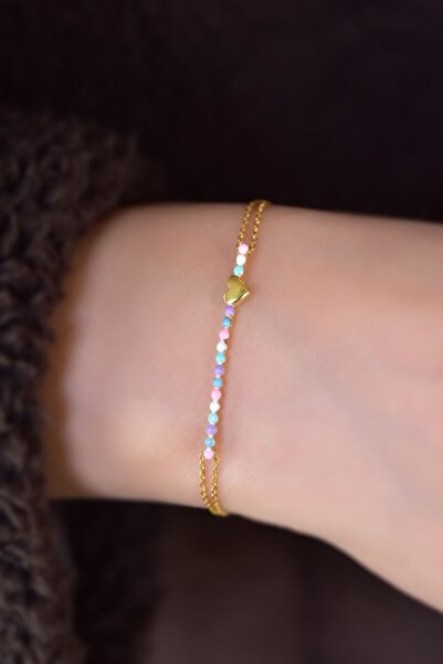 Papatya Silver 925 Ayar Gümüş Gold Kaplama Sıralı Renkli Mineli, Kalp Bileklik