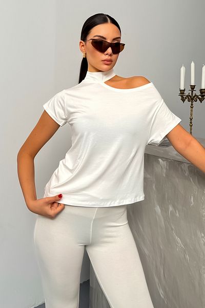 LACHT Bluză de damă, albă, cu umăr decoltat, cu croială relaxată
