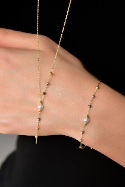 Papatya Silver 925 Ayar Gümüş Üç Renk Dorika Toplu Incili Kolye Bileklik Set