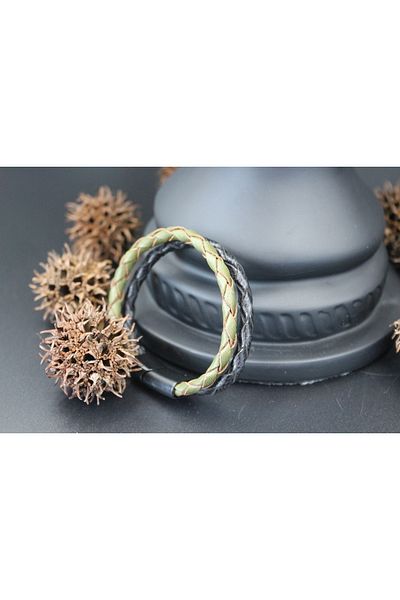 magıcgrange Beige Men's Bracelet - Genuine Leather and Knitted Style