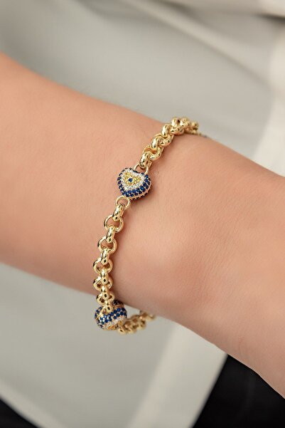 Papatya Silver Nazar Bileklik  Nano Zirkon Taşlı Üç Nazar Kalpli 14 Ayar Altı...