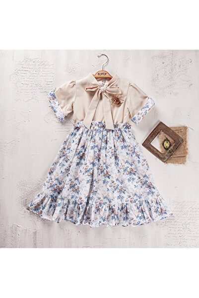 Elayza Детска рокля с къс ръкав и еластична талия, подплата, яка тип „фулар“, цип