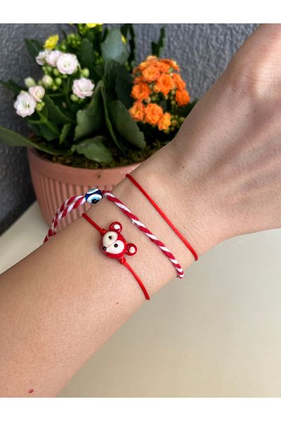 BURÇİN AKSESUAR Murano Glass Beaded Martenitska Bracelet Set Red Wishing Bracelet