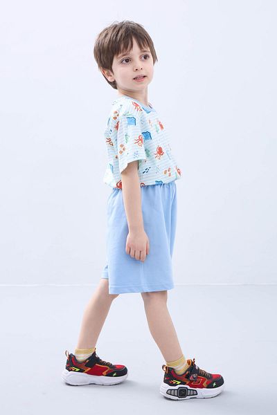 Perendi Costum pentru băieți cu pantaloni scurți - Tricou cu mânecă scurtă cu imprimeu caracatiță și pantaloni scurți albaștri - Set de vară